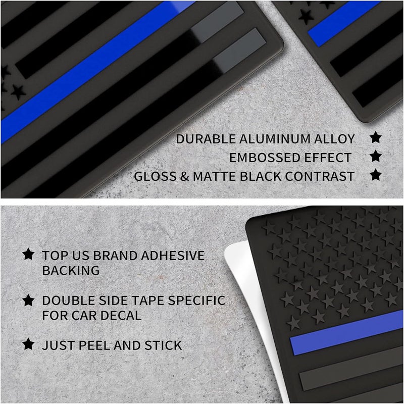 sticro Embossed 3D Metal Thin Blue Line All Black American Flag Emblem Decal Stickers (1 Pair), Matte Black 5" x 3" Patriotic USA US Flag Decals for Car, Truck, Motorcycle Honoring Police Law Enforcement - Image 5